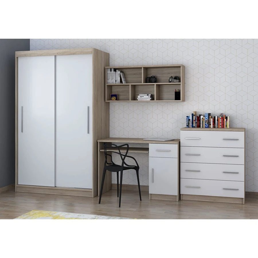 Set aus Schwebetürenschrank, Schreibtisch und Kommode in Weiß und Eiche-Dekor.