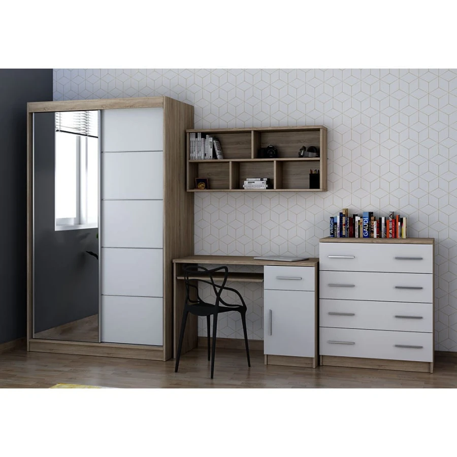 Komplette Zimmereinrichtung mit Schrank, Schreibtisch, Regal und Kommode