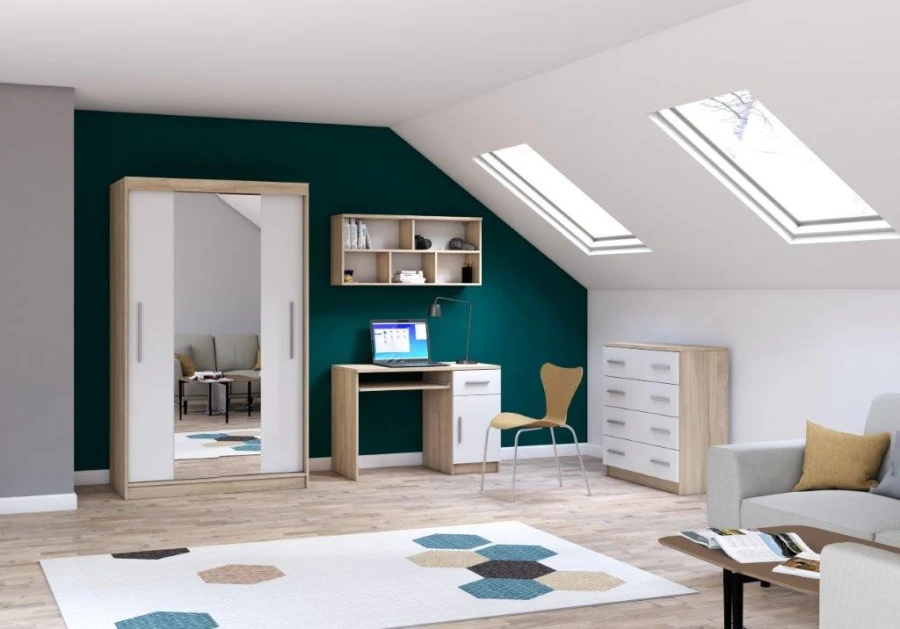 Modernes Jugendzimmer Möbel-Set in Eiche-Optik und Weiß mit Schrank, Schreibtisch und Kommode.