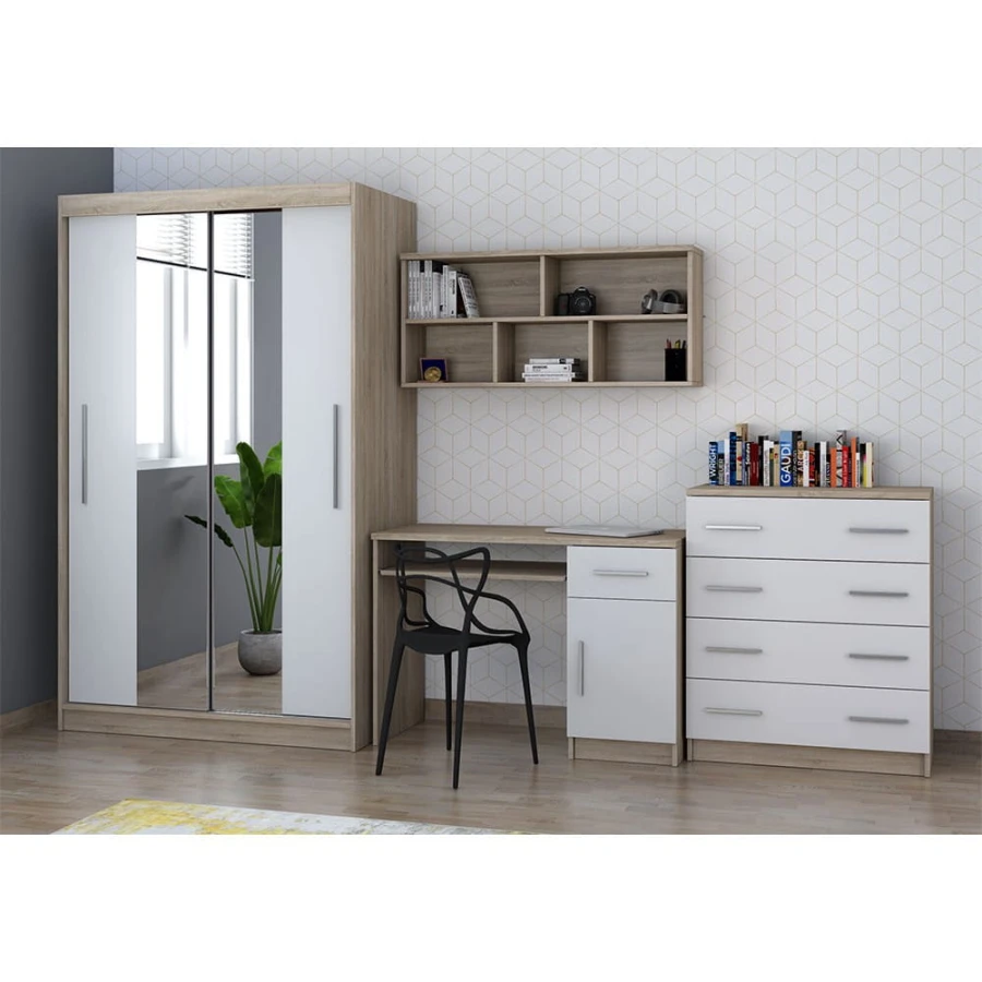Büromöbel-Set bestehend aus Kleiderschrank, Schreibtisch und Kommode in Eiche-Nachbildung.