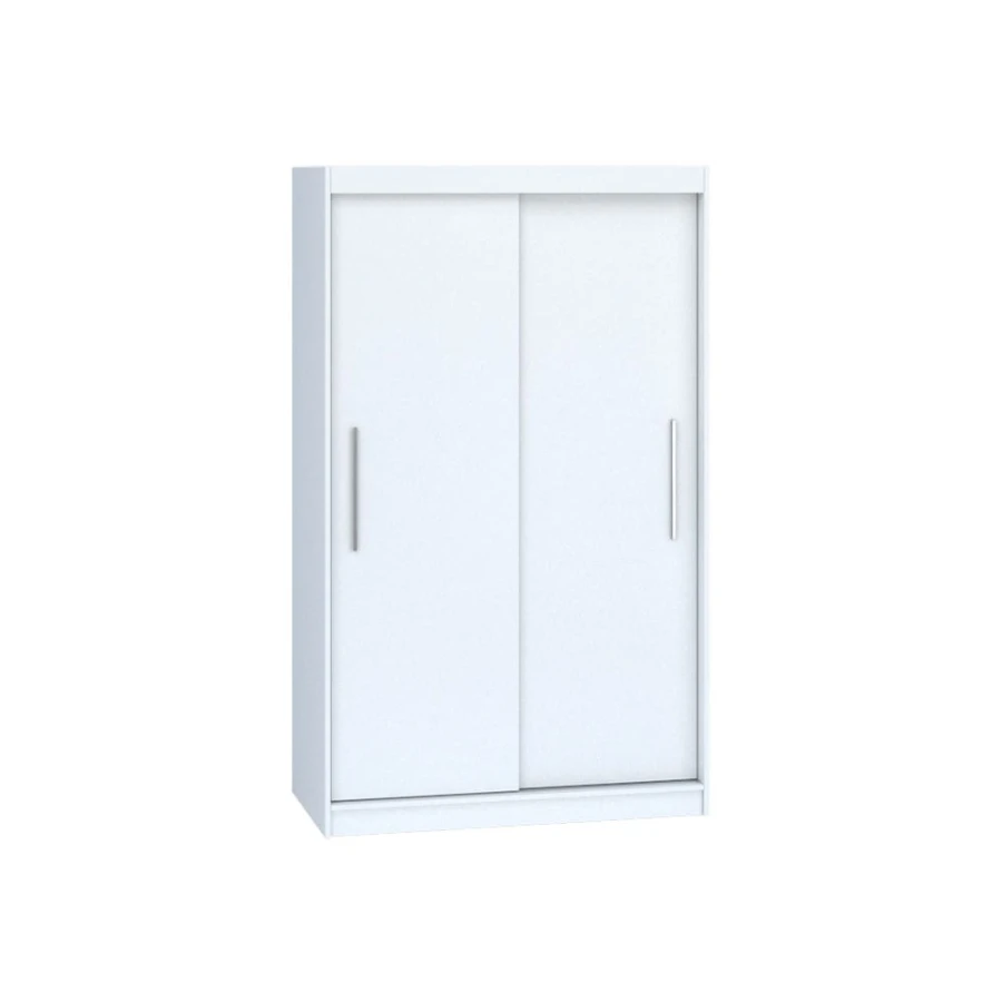 Zweitüriger Schwebetürenschrank in neutralem Weiß mit silbernen Griffleisten.