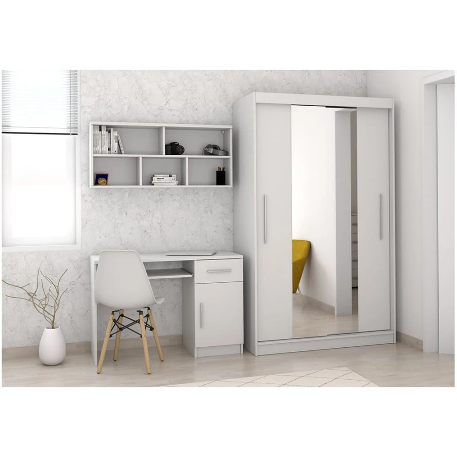 Modernes Arbeitszimmer-Set in Weiß mit Schreibtisch, Wandregal und Kleiderschrank.