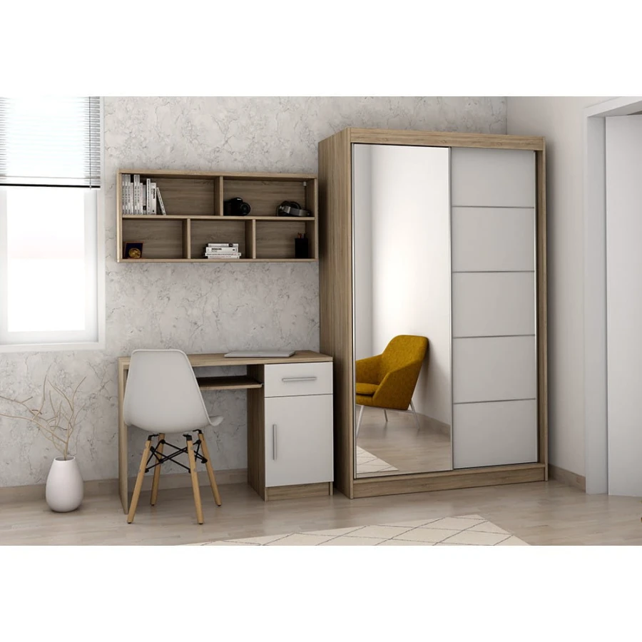 Arbeitszimmer-Set mit Schreibtisch, Wandregal und Kleiderschrank mit Spiegel in Eiche und Weiß.