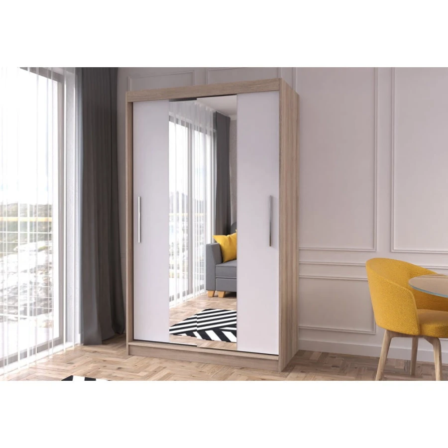 Zweitüriger Schwebetürenschrank mit großer Spiegelfläche in Eiche-Optik und weißem Dekor.