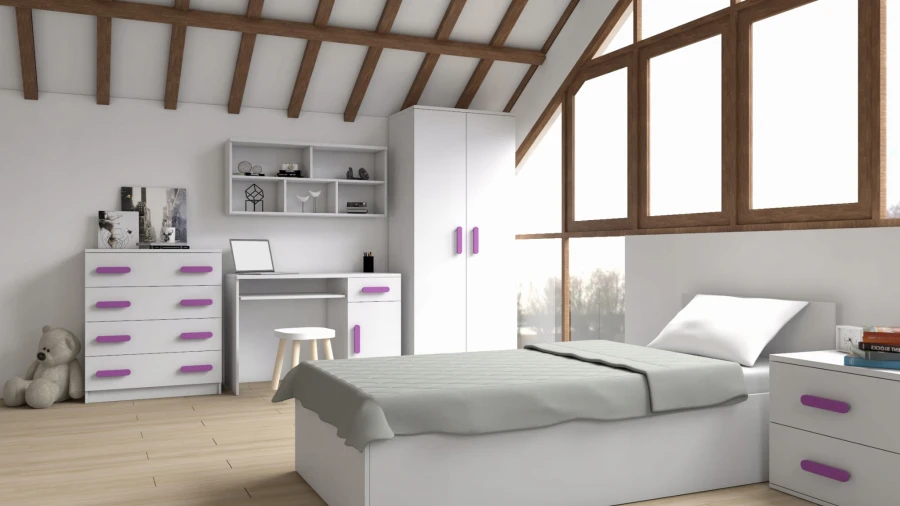 Komplettes Jugendzimmer in Weiß mit lila Griffen und Dachschrägen-Ambiente.
