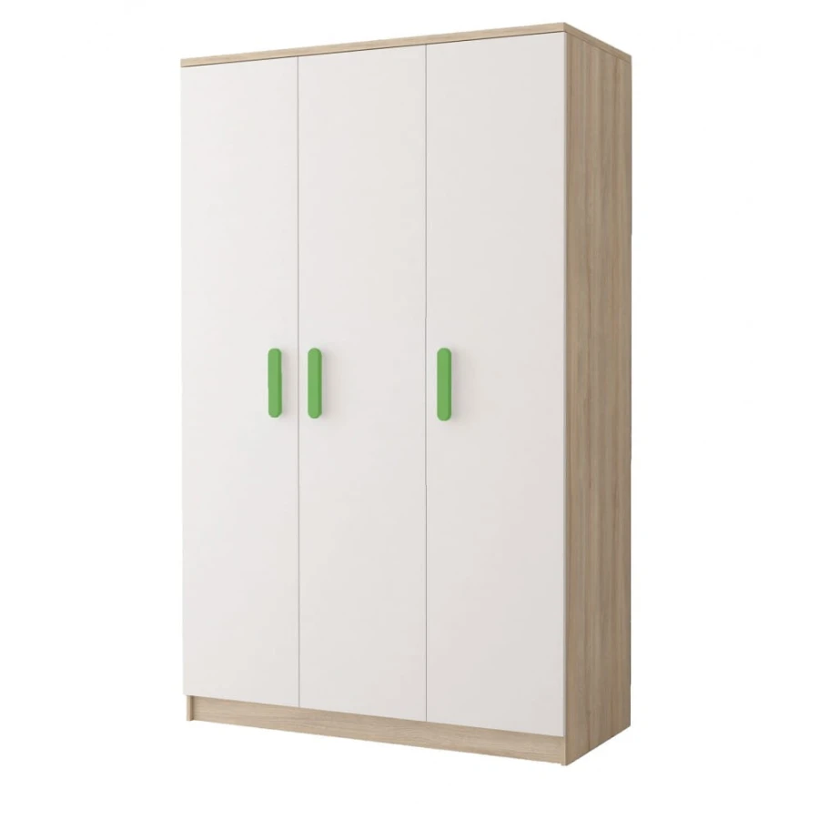 Dreitüriger Kleiderschrank in Weiß und Sonoma Eiche mit drei grünen Griffen.