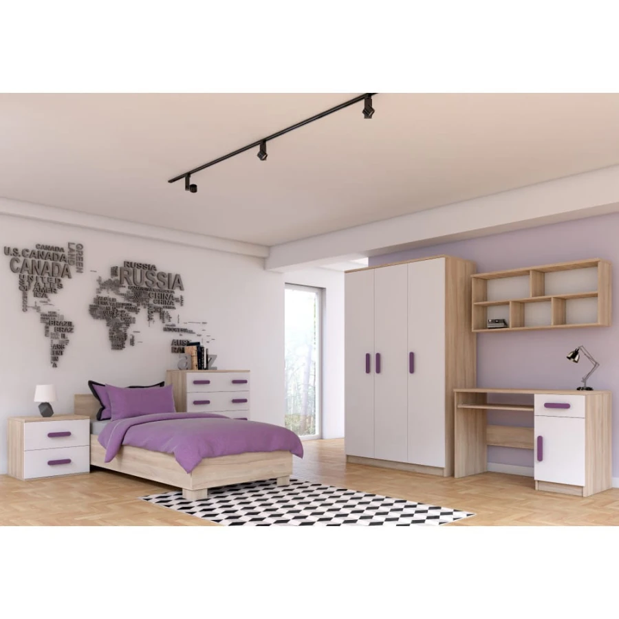 Jugendzimmer Komplettset Sonoma Eiche Weiß mit lila Farbakzenten