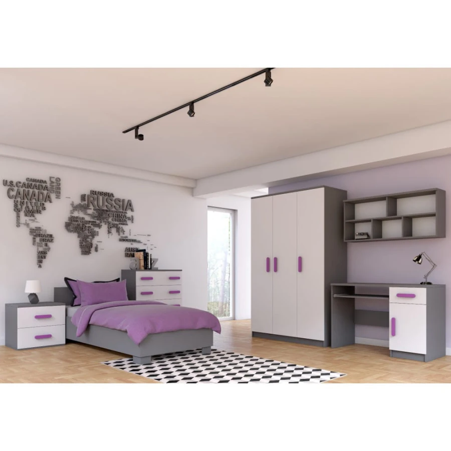 Modernes Jugendzimmer Set in Graphit und Weiß mit violetten Griffen