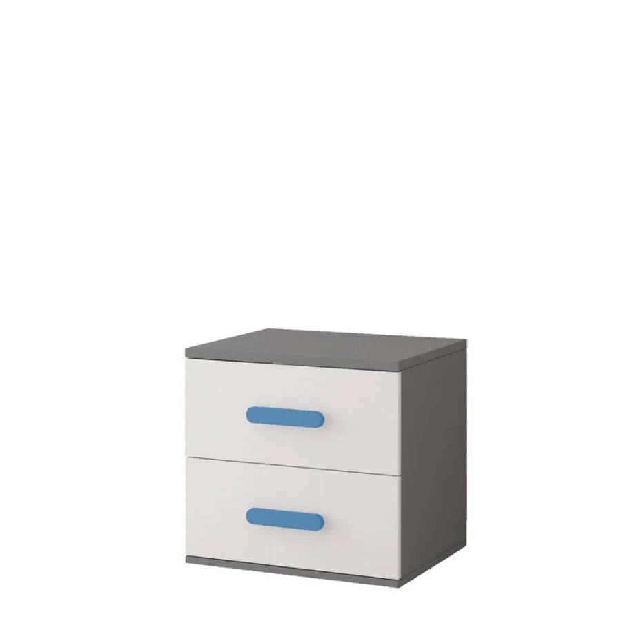 Nachtschrank mit zwei Schubladen und blauen Griffen, Farbkombination Grau und Weiß.