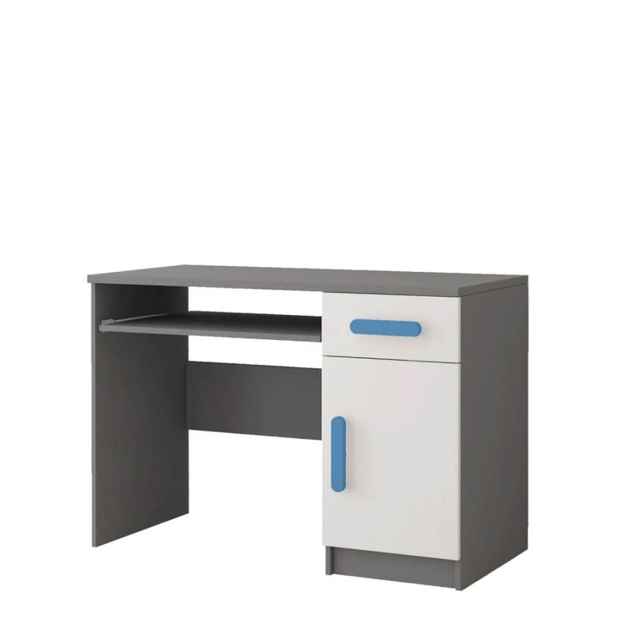 Schreibtisch für Kinder in Grau und Weiß mit blauen Griffen und Tastaturauszug.