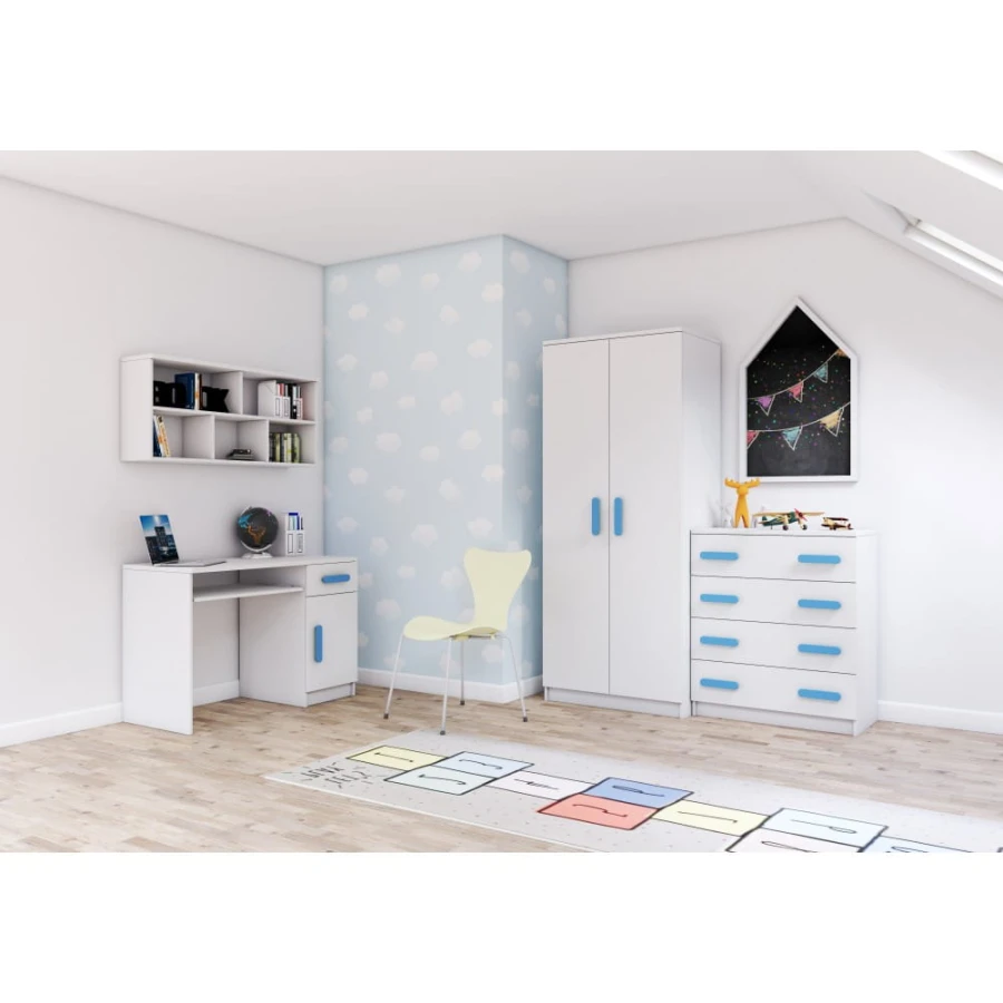 Weiß-blaues Kinderzimmer-Set mit Schreibtisch, Kleiderschrank und Kommode.