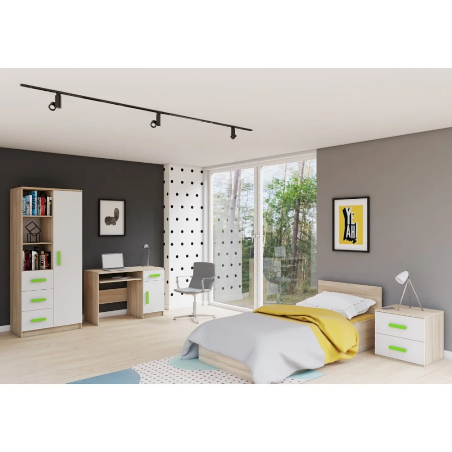 Komplettes Jugendzimmer Set in Weiß und Sonoma Eiche mit Bett, Schreibtisch, Schrank und grünen Griffen.