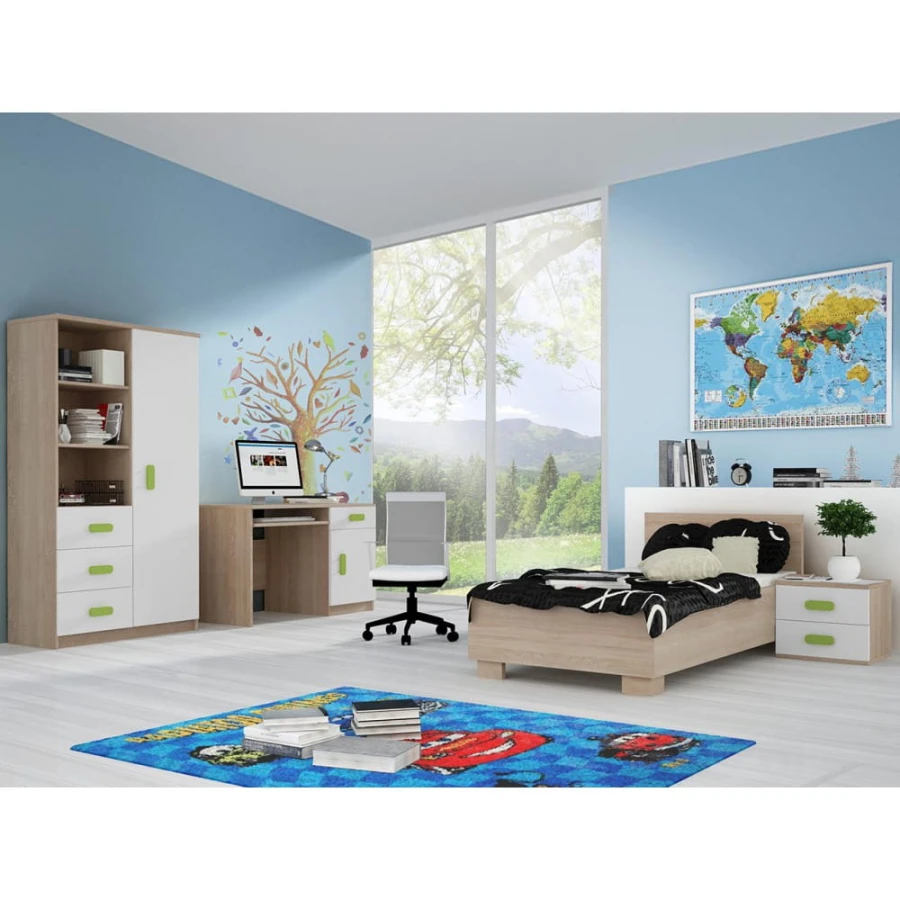 Modernes Kinderzimmer Komplettset in Sonoma Eiche und Weiß mit grünen Akzenten für Jungen und Mädchen.