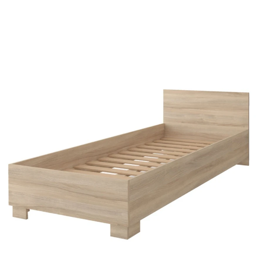 Modernes Einzelbett in Eichenoptik mit Kopfteil und Lattenrost für Kinder- oder Jugendzimmer.