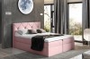 Rosa Boxspringbett mit gepolstertem Kopfteil in modernem Design.