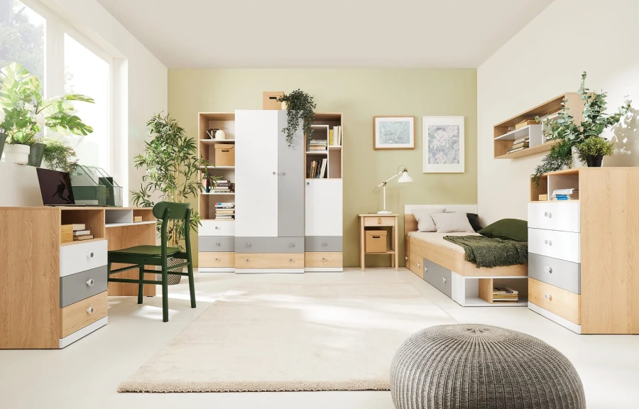 Modernes Jugendzimmer Komplett-Set in Eiche-Optik mit Schreibtisch und Bett.