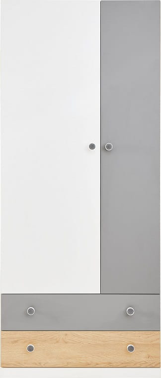 Moderner 2-türiger Kleiderschrank in Weiß, Grau und Eichen-Optik mit zwei Schubladen.
