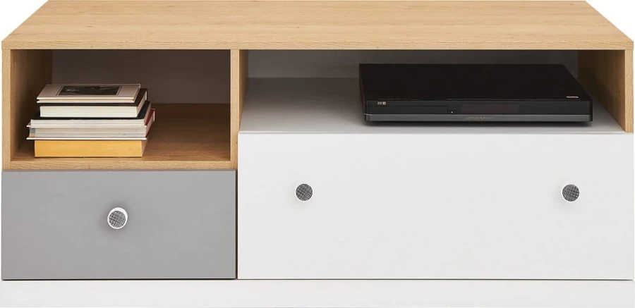 TV-Lowboard in Eiche-Optik mit grauer und weißer Schublade.