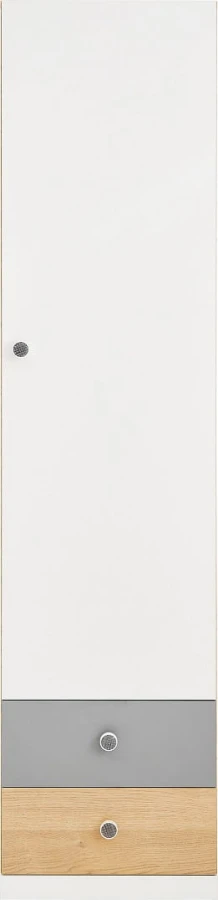 Schmaler Hochschrank in Weiß mit Schubladen in Grau und Eiche-Optik.