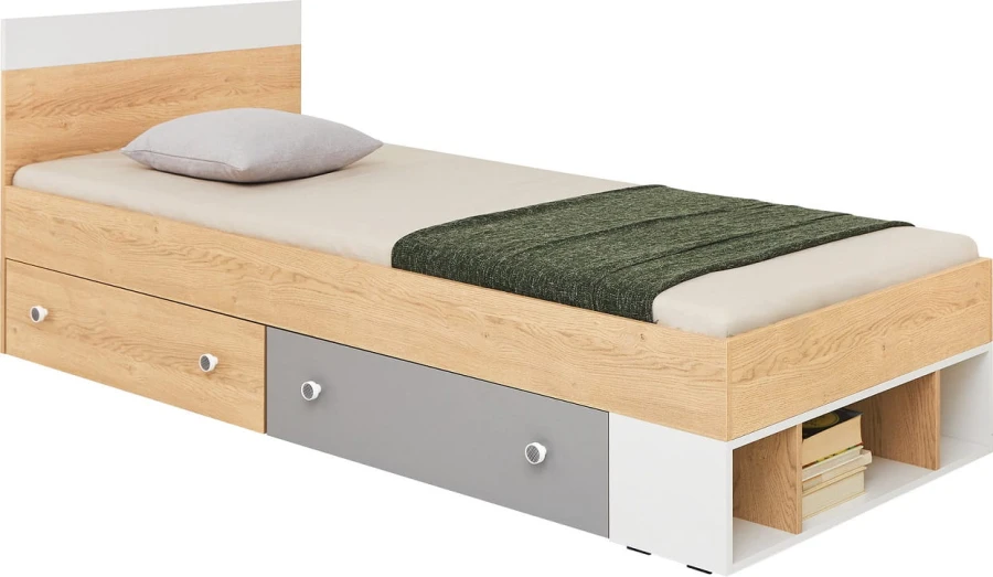 Funktionelles Jugendbett in Eiche-Nachbildung mit Bettkasten und Schubladen.