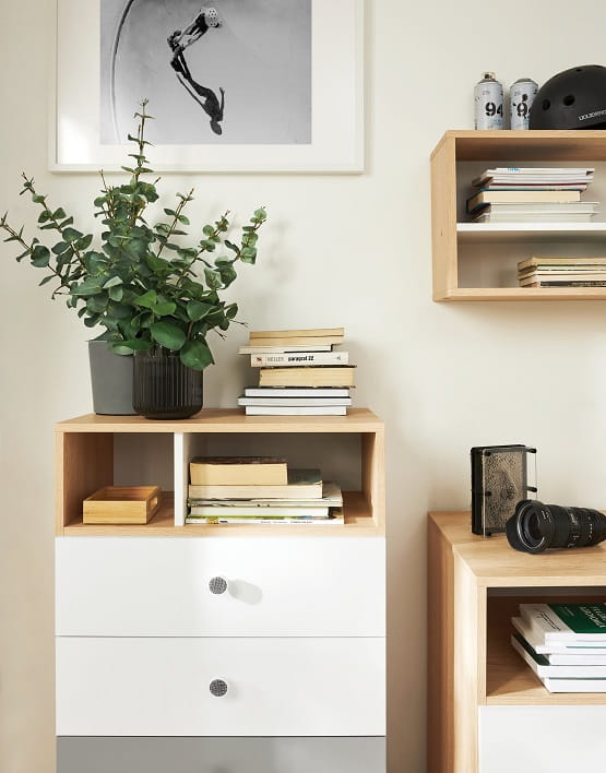 Moderne weiße Kommode mit Holzregal, Eukalyptus-Pflanze und Büchern vor einer hellen Wand.