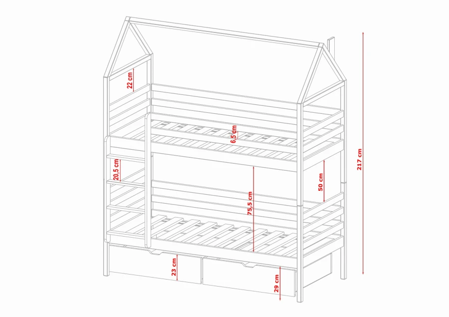 Dimensional sketch of a bunk bed in house shape with centimetre specifications for planning in the children's room.