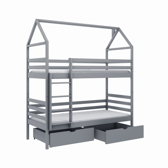 Graues Etagenbett in Hausform mit zwei Schubladen für das Kinderzimmer.