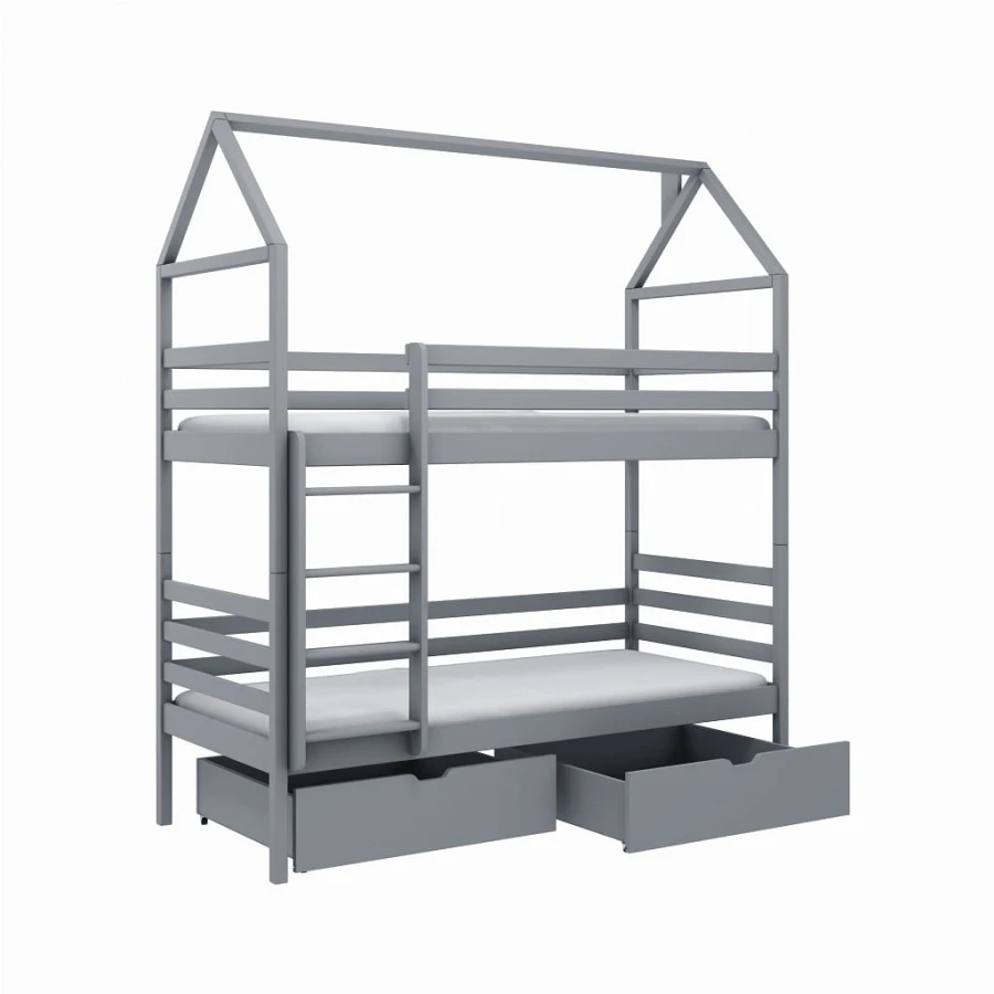 Graues Etagenbett in Hausform mit zwei Schubladen für das Kinderzimmer.