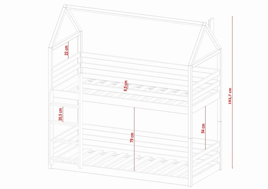 Technische tekening met afmetingen voor het kinder-stapelbed in huislook.
