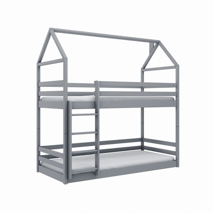 Modernes graues Etagenbett für Kinder in dekorativem Haus-Design.