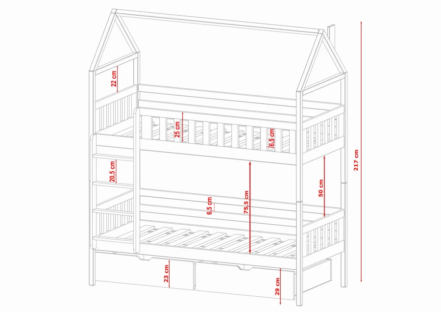 Abmessungen Hausbett-Etagenbett mit Schubladen, Gesamthöhe 217 cm, technische Skizze.