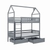 Modernes Hausbett-Doppelstockbett in Grau mit zwei ausziehbaren Schubkästen für Spielzeug.