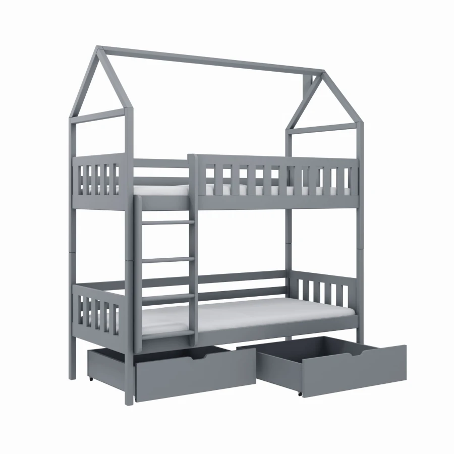 Modernes Hausbett-Doppelstockbett in Grau mit zwei ausziehbaren Schubkästen für Spielzeug.