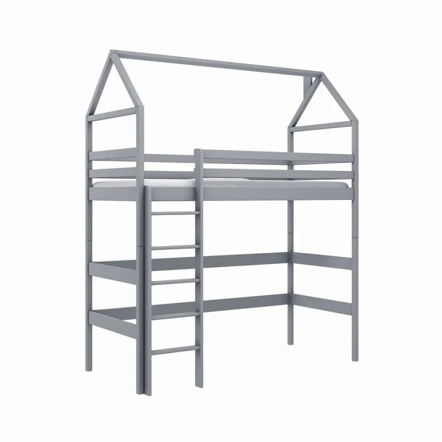 Graues Hochbett für Kinder in Hausoptik mit Leiter