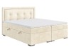 Klassisches beiges Boxspringbett mit Matratzentopper und gepolstertem Kopfteil freigestellt.
