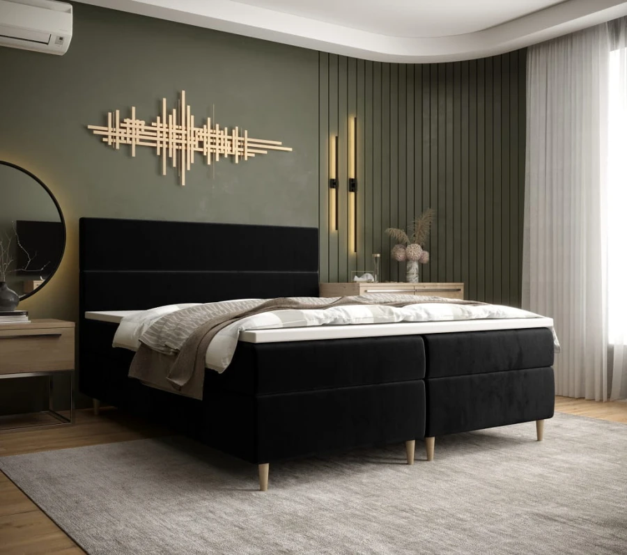 Edles Boxspringbett in Schwarz mit zeitlosem Design passt perfekt in jedes Schlafzimmer.