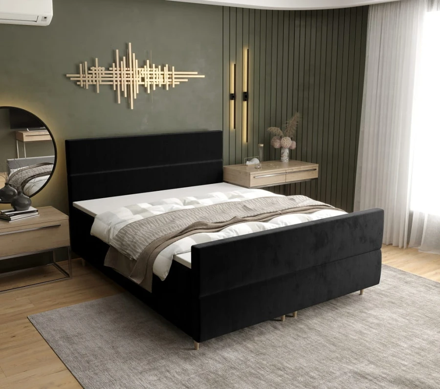 Modernes Polsterbett in Schwarz im stilvoll eingerichteten Schlafzimmer.