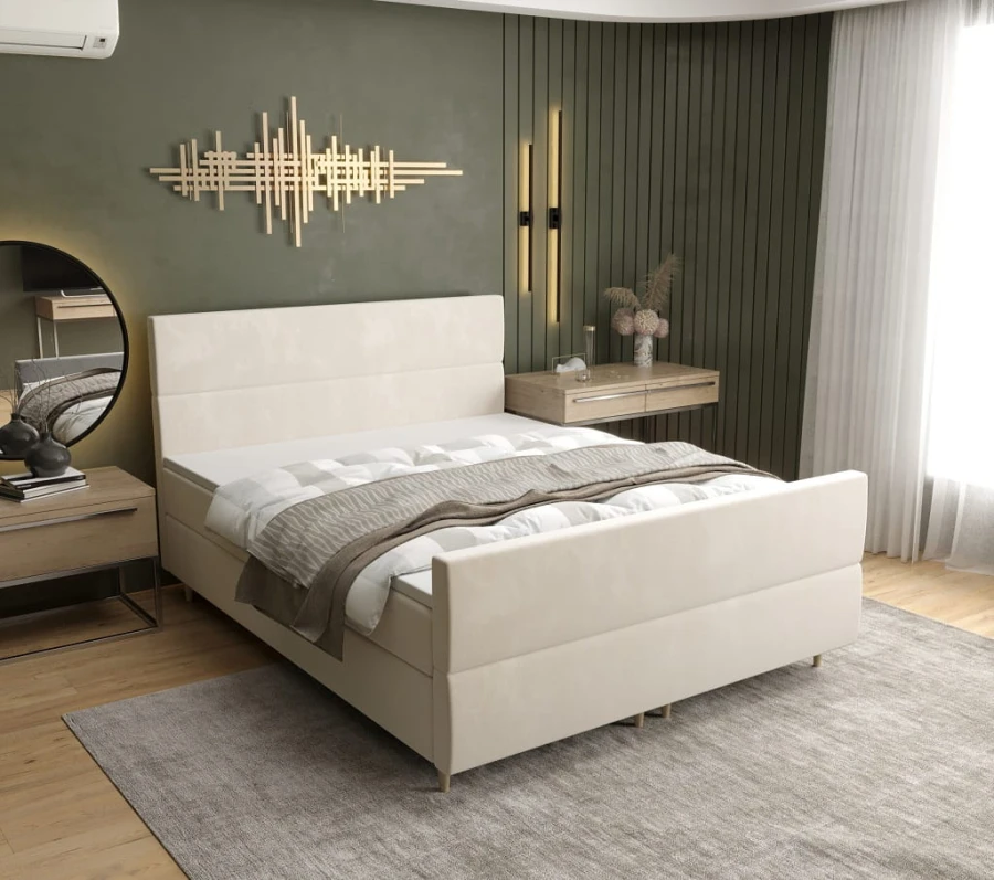 Elegantes cremefarbenes Polsterbett in modernem Schlafzimmer-Ambiente.