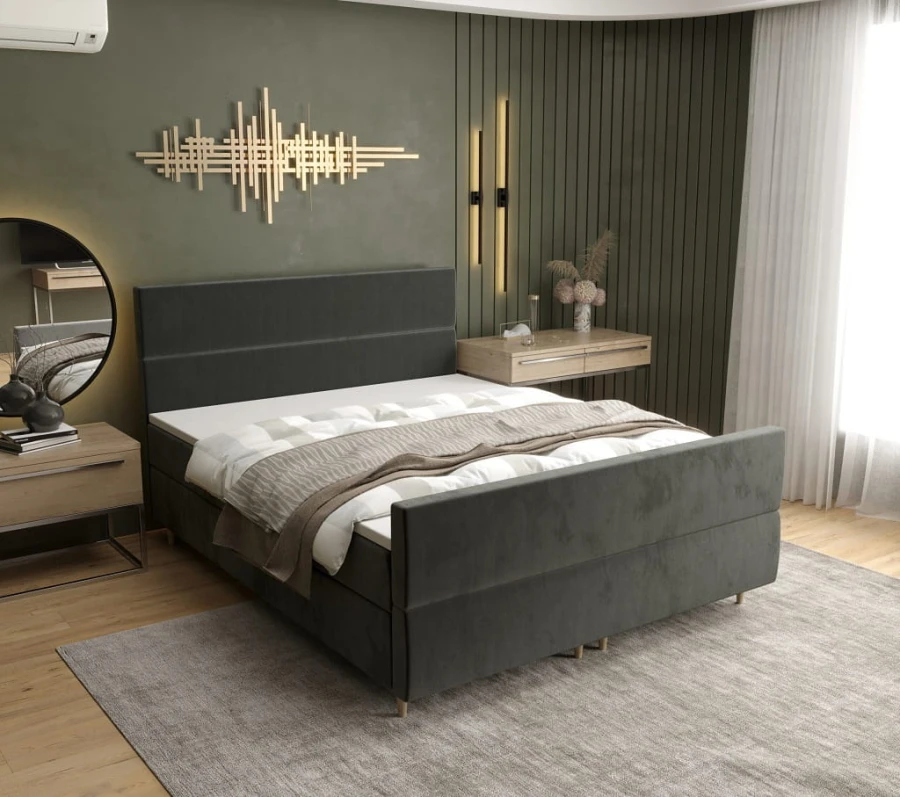 Stilvolles graues Polsterbett für ein gemütliches und modernes Schlafzimmer.