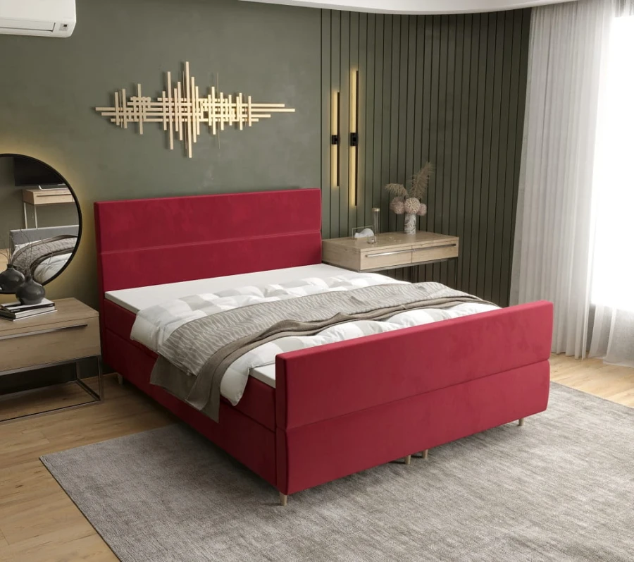 Auffälliges rotes Polsterbett in einem modern gestalteten Schlafzimmer.