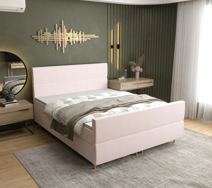 Gemütliches rosa Polsterbett in modernem Schlafzimmer-Design.