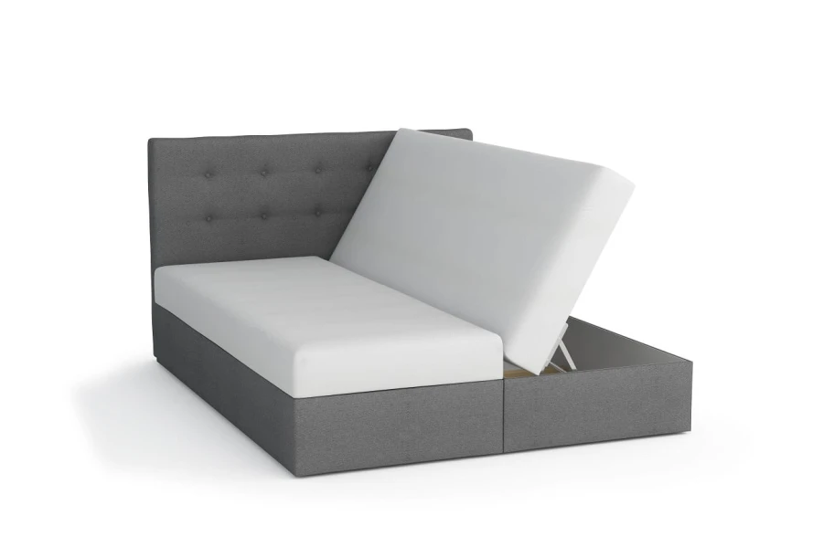 Funktionales Polsterbett mit seitlich aufklappbarem Bettkasten für praktischen Stauraum.