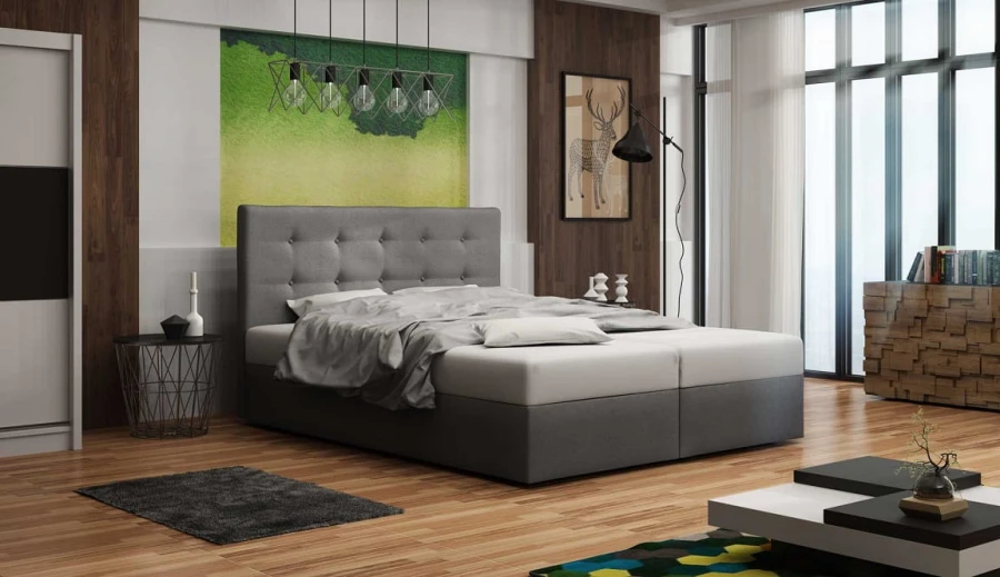 Modernes graues Polsterbett in stilvollem Schlafzimmer mit Wandbild.
