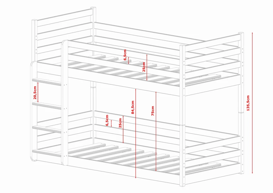 Technisches Diagramm eines Etagenbettes aus Holz mit präzisen Maßangaben in Zentimetern.