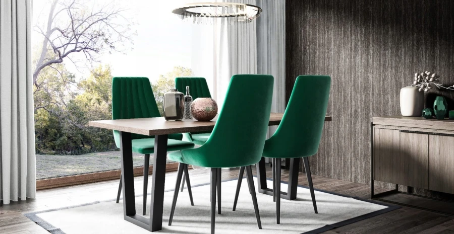 Modernes Esszimmer-Set mit grünen Samtstühlen und massivem Holztisch.