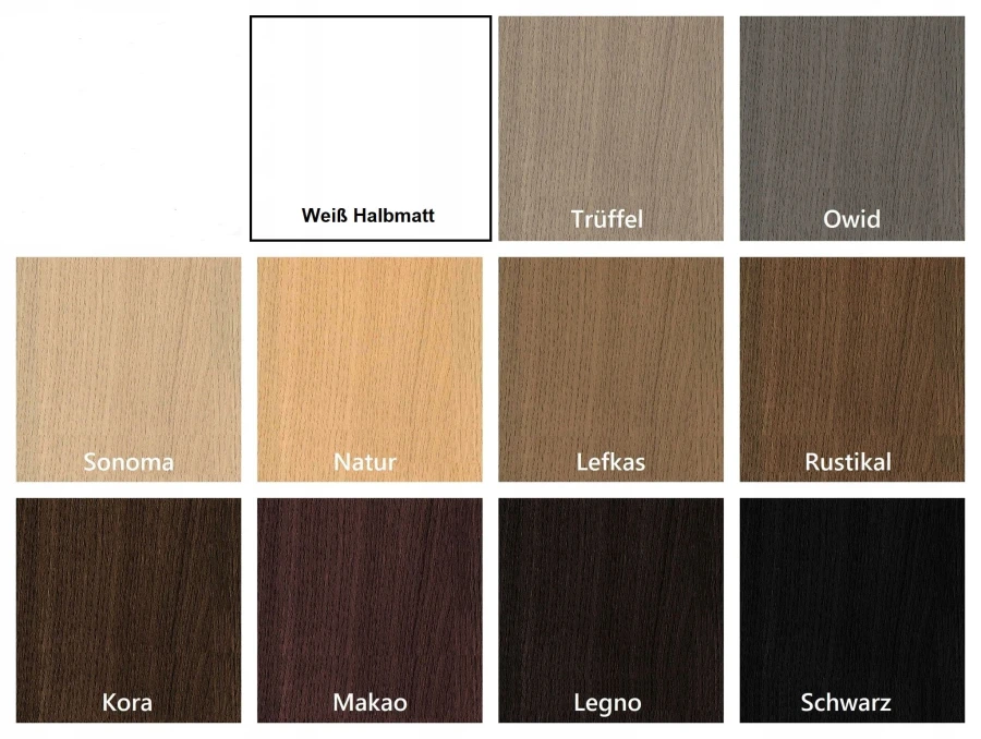 Übersicht verschiedener Holzfarbtöne und Dekore für die individuelle Möbelgestaltung.