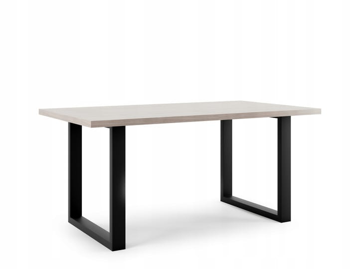 Moderner Esstisch mit heller Holzplatte und schwarzen U-förmigen Metallbeinen im Industrial-Stil.