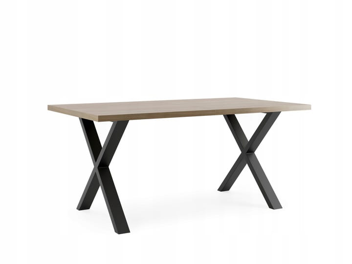 Massiver Holzesstisch mit markanten schwarzen X-Beinen aus Metall für ein Loft-Ambiente.