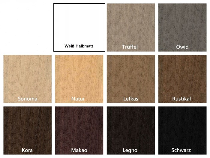 Farbauswahl für Möbeloberflächen: Holzmuster von Weiß über Eiche bis Schwarz.