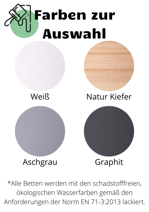 Verfügbare Farben für Kinderbetten: Weiß, Natur Kiefer, Aschgrau, Graphit. Schadstofffrei nach EN 71-3.